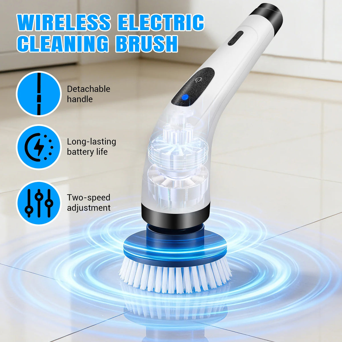 Brosse de Nettoyage Électrique Sans Fil – 7 Têtes, Long Manche, Étanche