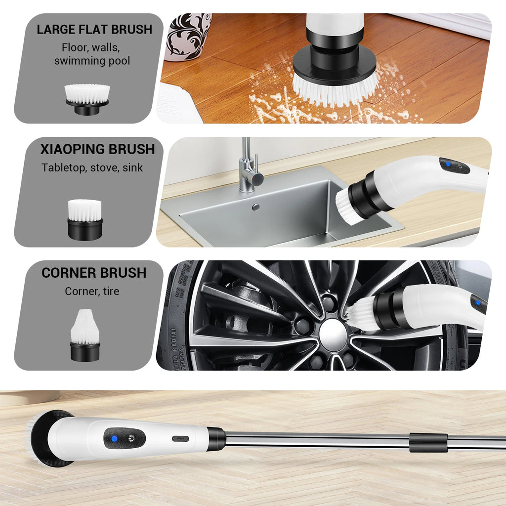 Brosse de Nettoyage Électrique Sans Fil – 7 Têtes, Long Manche, Étanche