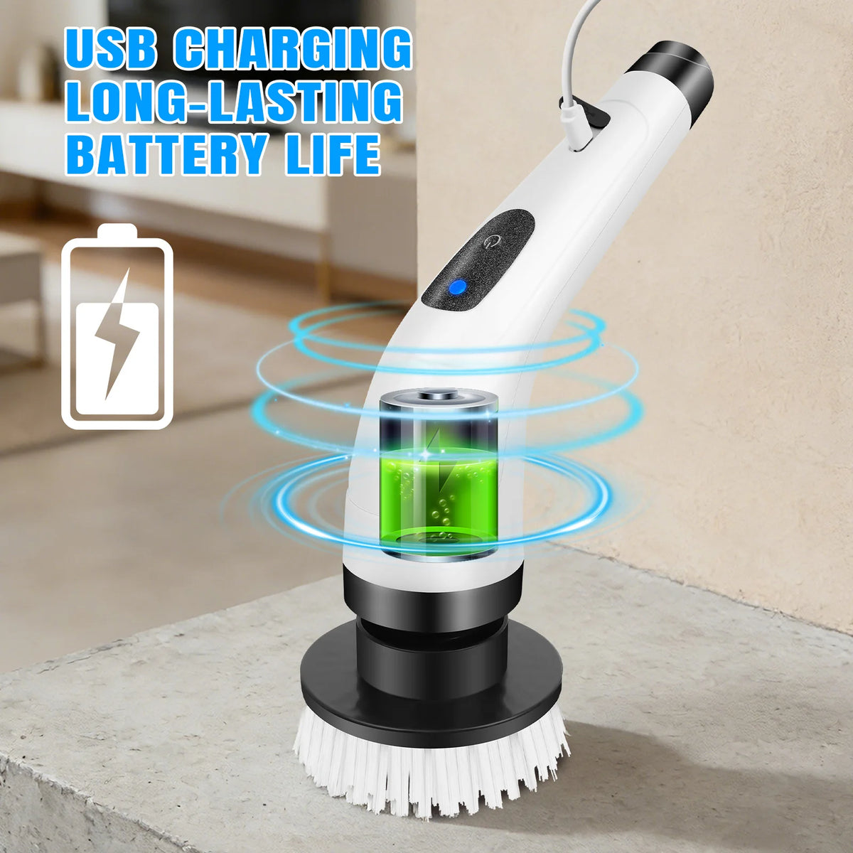 Brosse de Nettoyage Électrique Sans Fil – 7 Têtes, Long Manche, Étanche